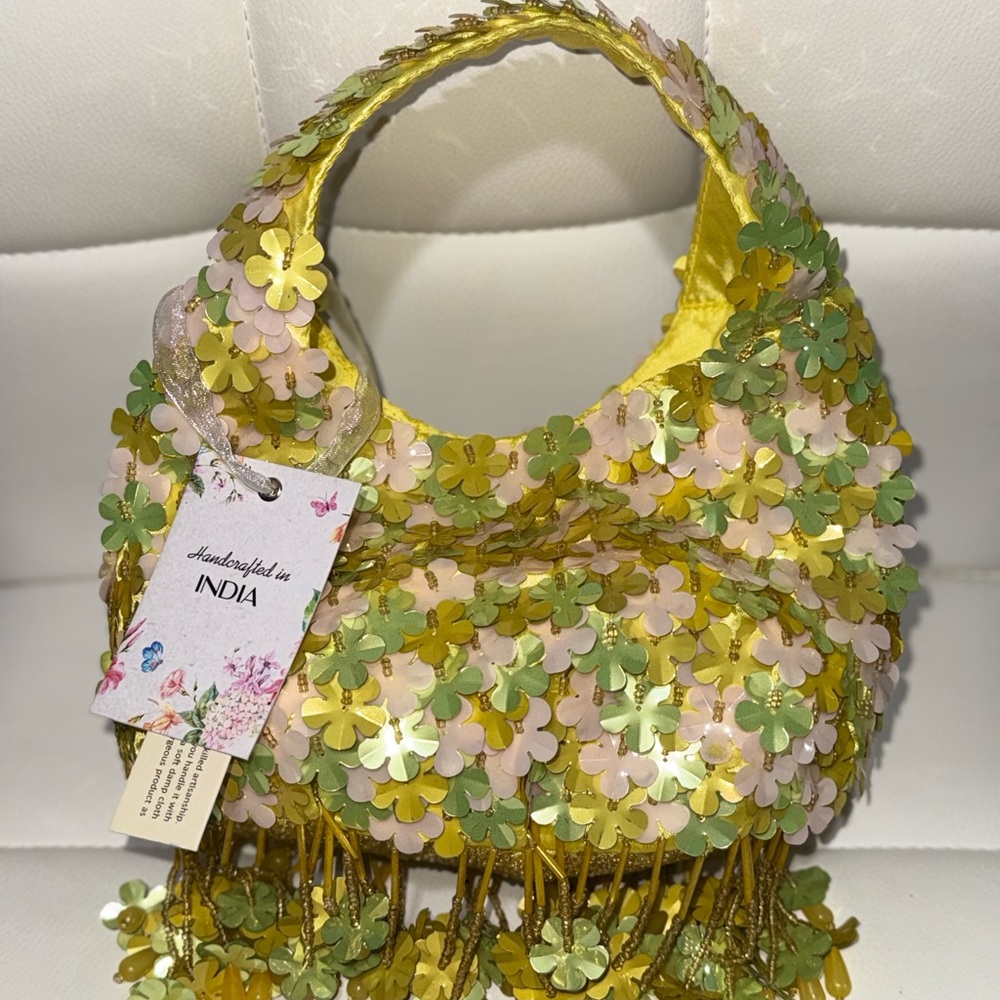 Yellow and Green Hobo Bag with Floral Appliqués and Fringe